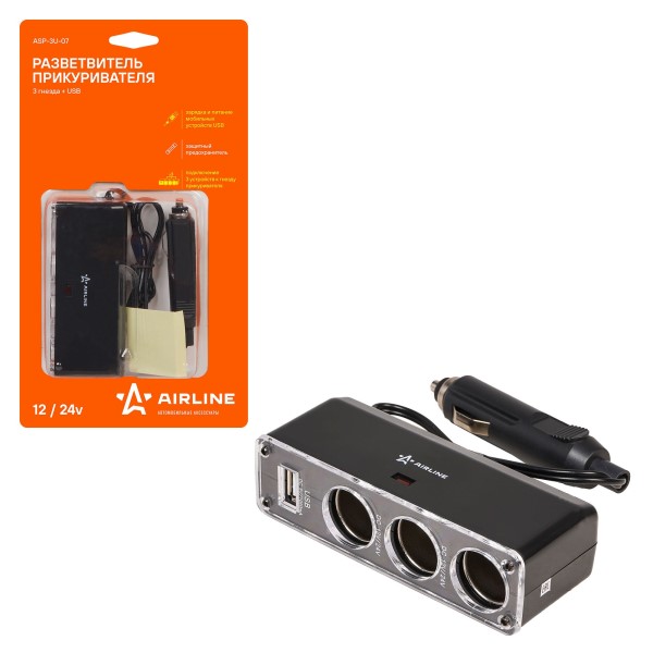 Разветвитель прикуривателя 3 гнезда + 1 USB порт