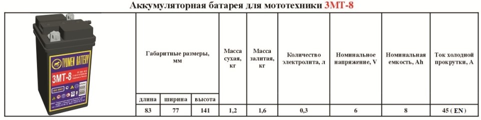 Аккумулятор (мото) 3 МТ* 8 45А (6В) под болт 83х77х141 (сухозаряженный)