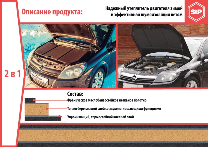 Утеплитель двигателя (+ шумоизоляция капота) 2в1 XL (1350х800 мм) HeatShield