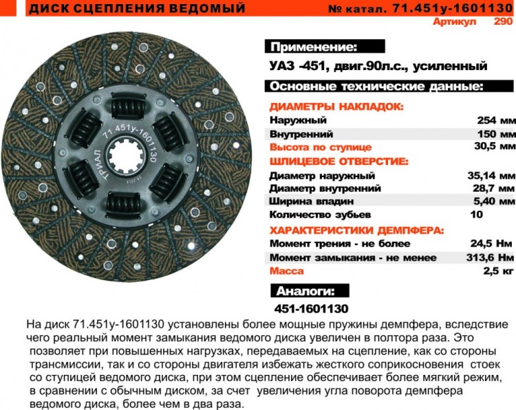 Диск сцепления /УАЗ дв.451/ 4-ст. (под простую корз., широкое феродо) 90 л/с усиленный