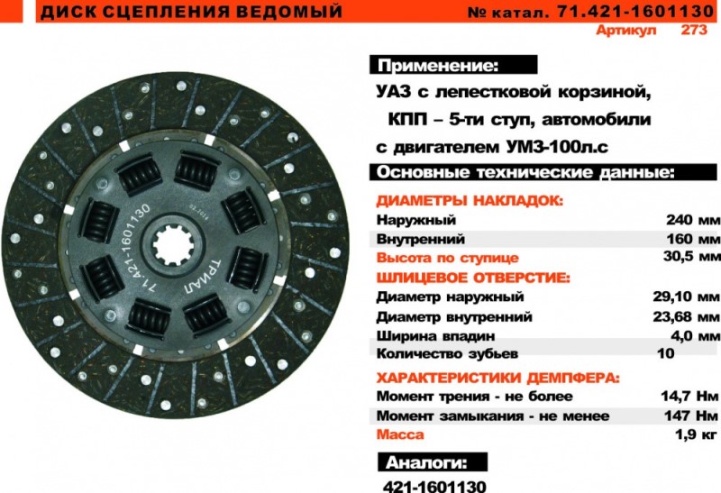 Диск сцепления /УАЗ дв.421/ 5-ст. (под лепестков. корз.) 100 л/с