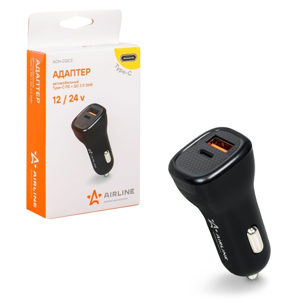 Зарядное устр-во в прикур. 1 USB 3,0 QC + PD 36Вт, 12/24В (Type-C), черный
