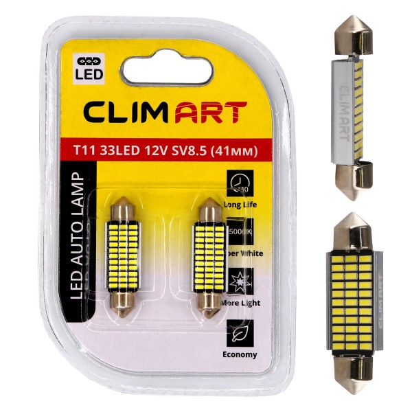 Лампа салонная 12V C5W T11 SV8.5 33 LED 41мм (2 шт в блистере)