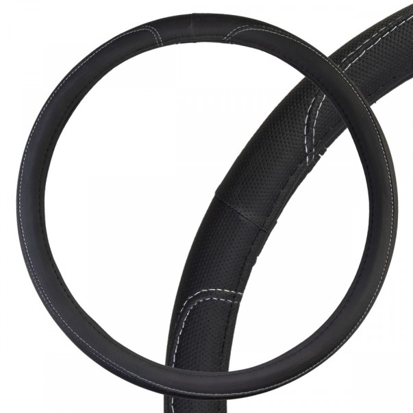 Оплетка руля XXL 45-47 см экокожа черная с серой прострочкой Large-2