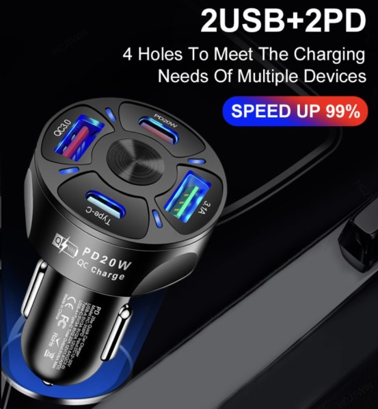 Зарядное устр-во в прикур. 2 USB 3A QC3.0 + 2 Type-C PD 20W, быстрая зарядка