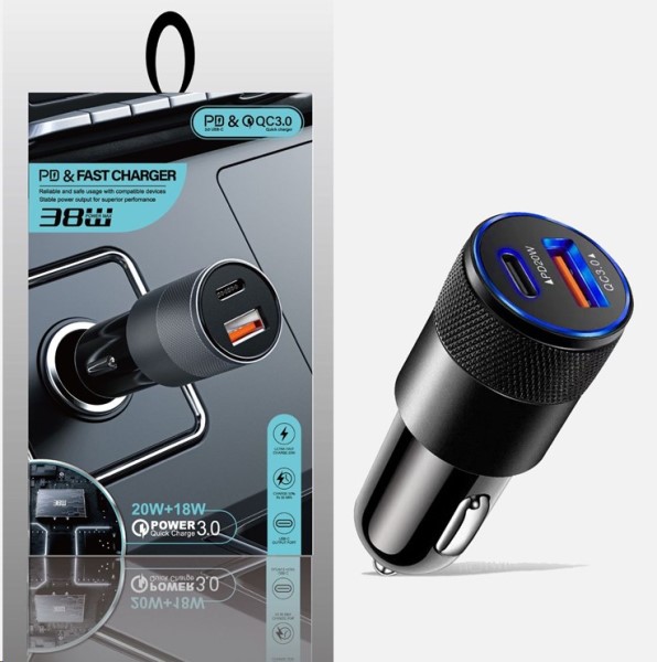 Зарядное устр-во в прикур. 1 USB 3,0 QC + PD (Type-C) быстрая зарядка с разъемом типа С, металл