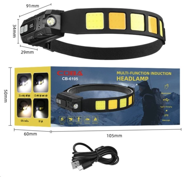 Фонарь налобный COB+LED, аккумуляторный, 6 режимов + функция вкл/выкл жестом руки (зарядка Type-C)