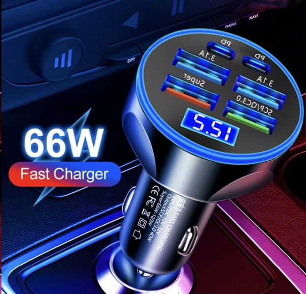 Зарядное устр-во в прикур. 4 USB 3.0A QC3.0 + 2 USB-C (Type-C) + вольтметр