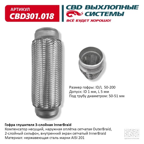 Виброкомпенсатор выхлоп. системы (гофра метал.) Inner Braid 50-200