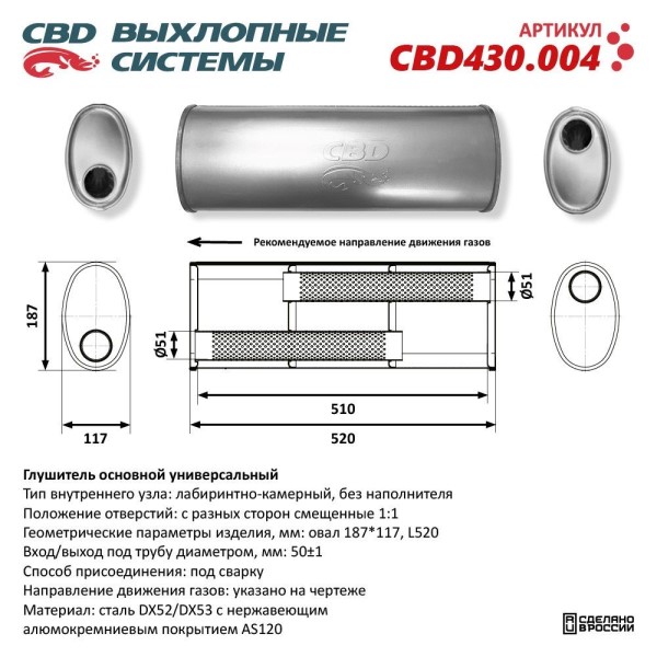 Глушитель основной универсальный нерж. Овал D187*117, L528. Вход/выход смещенный, под трубу 50мм