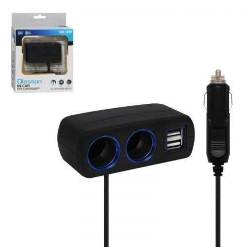 Разветвитель прикуривателя 2 гнезда + 2 USB порта, длинный штекер