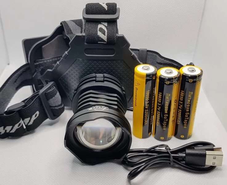 Фонарь налобный LED аккумуляторный сверхмощный 3 режима линза с фокусом (3 АКБ по 8800 mAh) белый и желтый свет