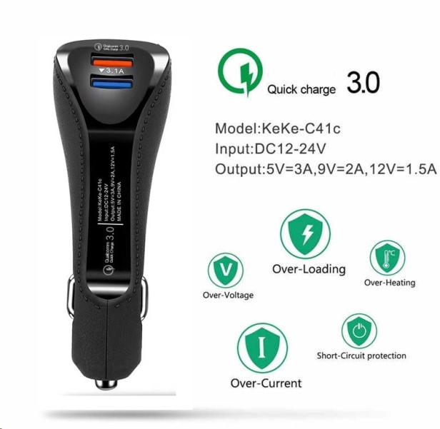 Зарядное устр-во в прикур. 2 USB 6,1A QC3.0, удлиненный, черный