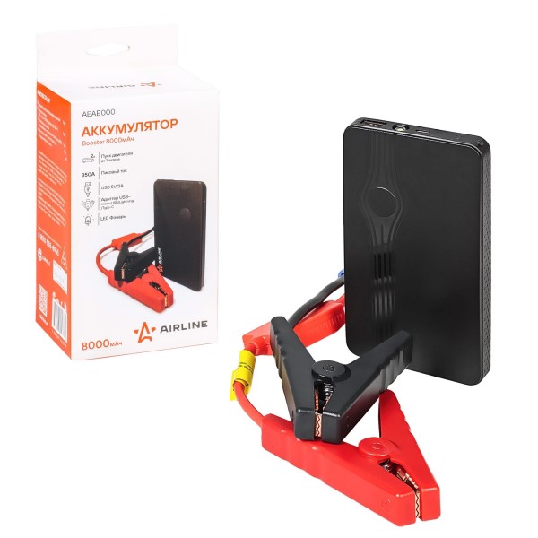 Аккумулятор внешний универс. (Booster) 8000мАч: USB 5V/2A, фонарь, пуск ДВС 350А