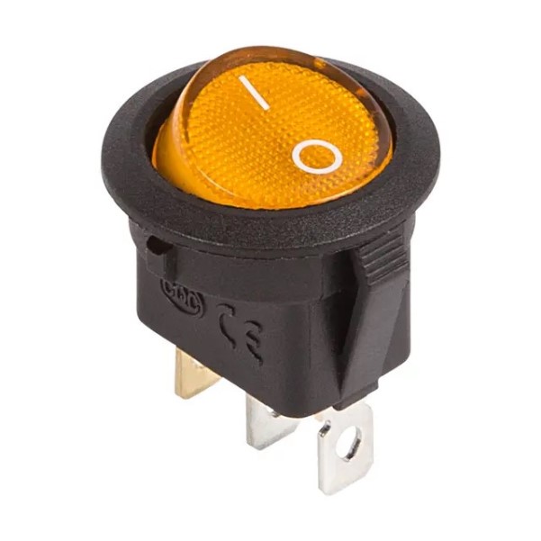 Выключатель клавишный круглый ON-OFF 12V 20А 3 конт. желтый с подсветкой (уп.10 шт.)