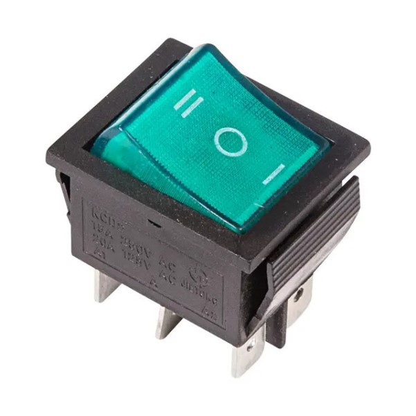 Выключатель клавишный 250V ON-OFF-ON 15А 6 конт. зеленый с нейтралью