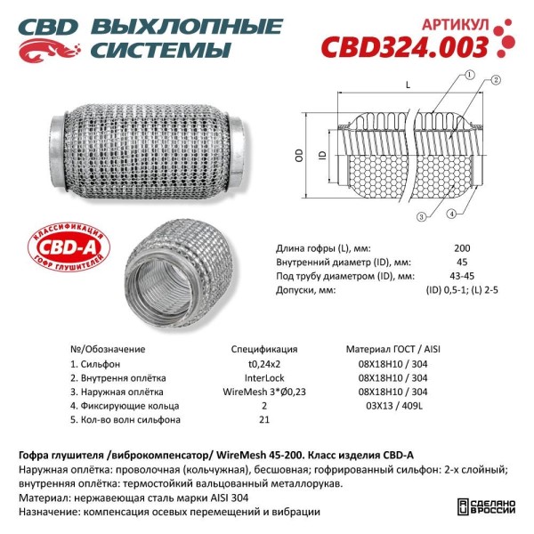 Виброкомпенсатор выхлоп. системы (гофра метал.) WIRE MESH 45-200