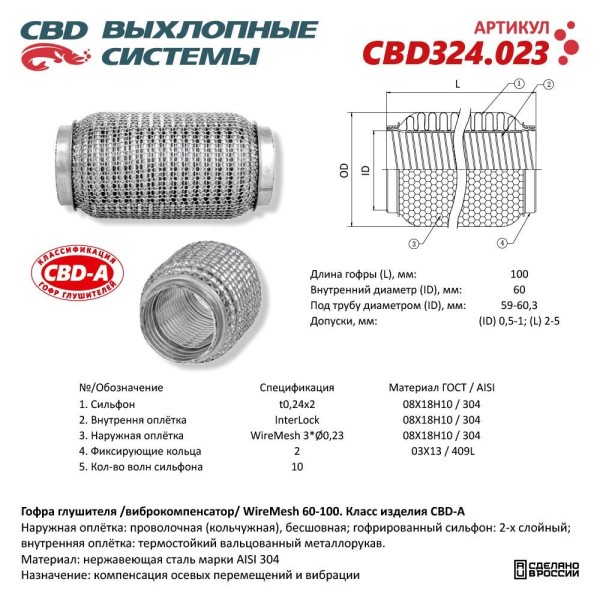 Виброкомпенсатор выхлоп. системы (гофра метал.) WIRE MESH 60-100