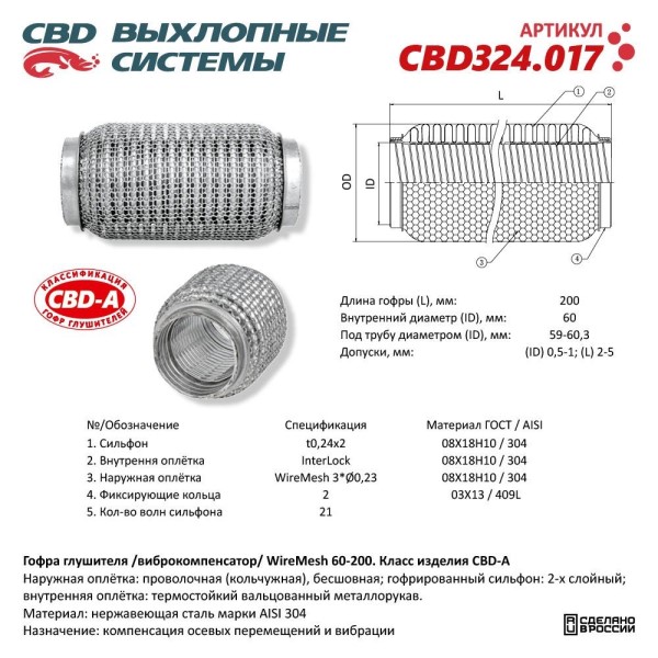 Виброкомпенсатор выхлоп. системы (гофра метал.) WIRE MESH 60-200