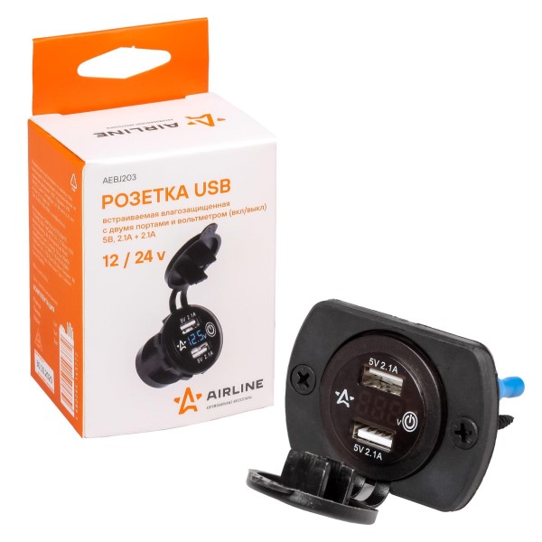 Розетка USB встраиваемая c 2 портами + вольтметр (5В, 2.1А + 2.1А) влагозащищенная