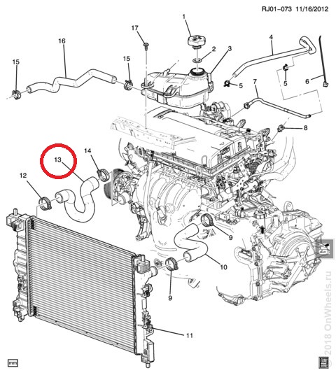 Патрубок радиат. Chevrolet Aveo T300 нижн. АКПП