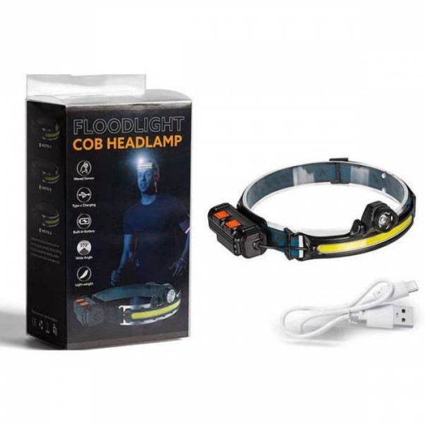 Фонарь налобный COB+LED аккумуляторный, 6 режимов + функция вкл/выкл жестом руки (зарядка Type-C)
