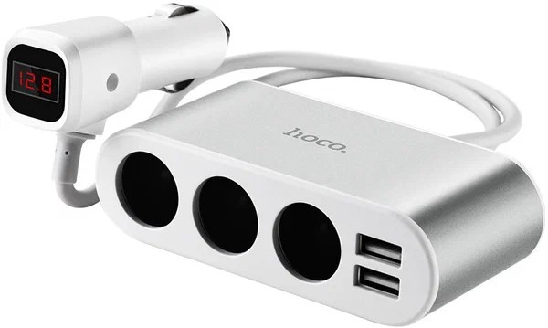 Разветвитель прикуривателя 3 гнезда+ 2 USB, 3.1A LED дисплей