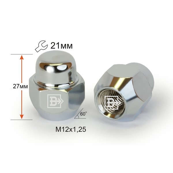 Гайка колеса М12*1,25*27 Хром Конус, закр., ключ 21мм /штат Nissan/