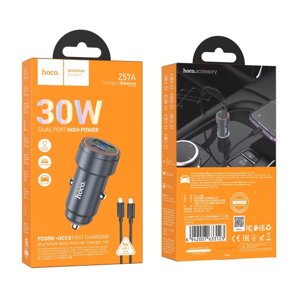 Зарядное устр-во в прикур. 1 USB 3.0A QC3.0 + USB-C + кабель Lightning /Iphone/