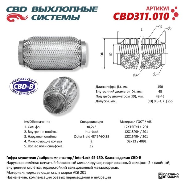 Виброкомпенсатор выхлоп. системы (гофра метал.) Inter Lock 45-150