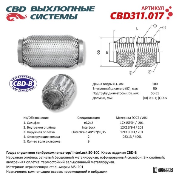 Виброкомпенсатор выхлоп. системы (гофра метал.) Inter Lock 50-100