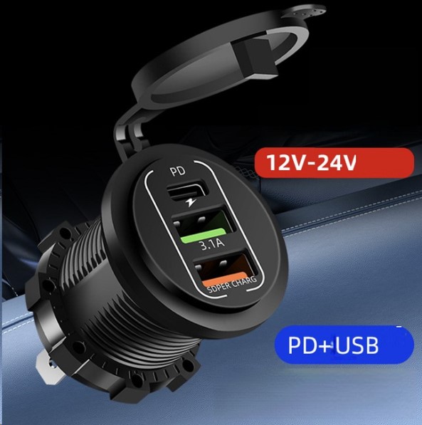 Зарядное устр-во врезное в панель 2 USB 3.1A + Type-C (PD) 12/24V, быстрая зарядка, влагозащищенное